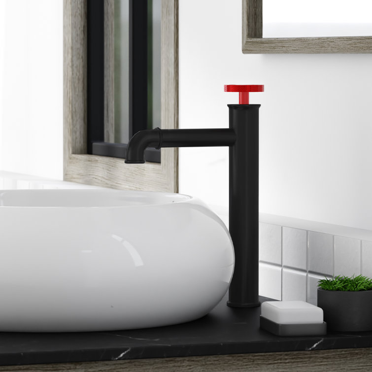 Matte Black and Red Single-Handle High Arc Bathroom Faucet