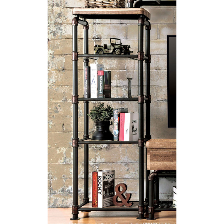 Antique Black Metal and Wood 4-Shelf Etagere Bookcase