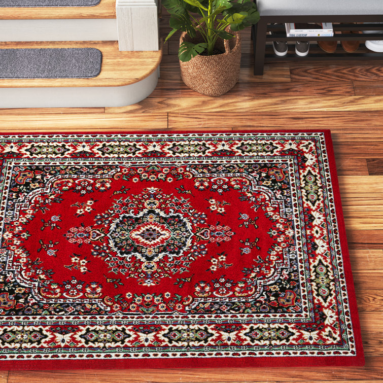 Red and Cream Synthetic Oriental Area Rug, 5'2" x 7'4"
