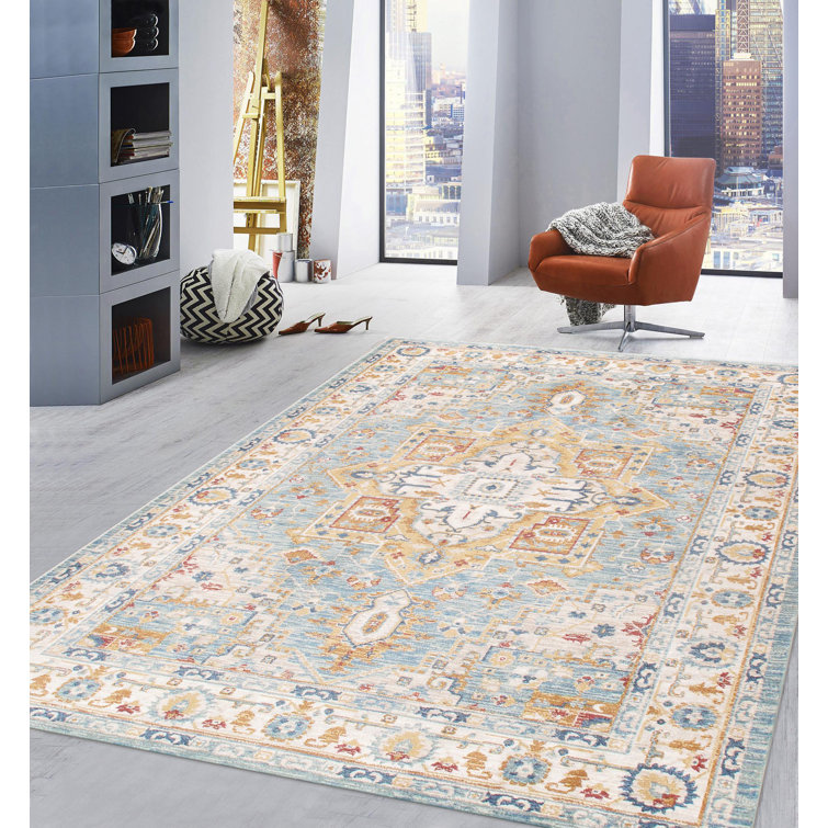 Light Blue and Ivory Synthetic Handmade Oriental Rug