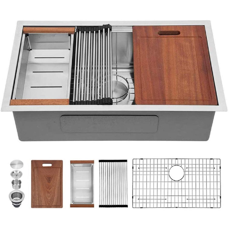 32'' Stainless Steel Undermount Single Bowl Kitchen Sink with Accessories