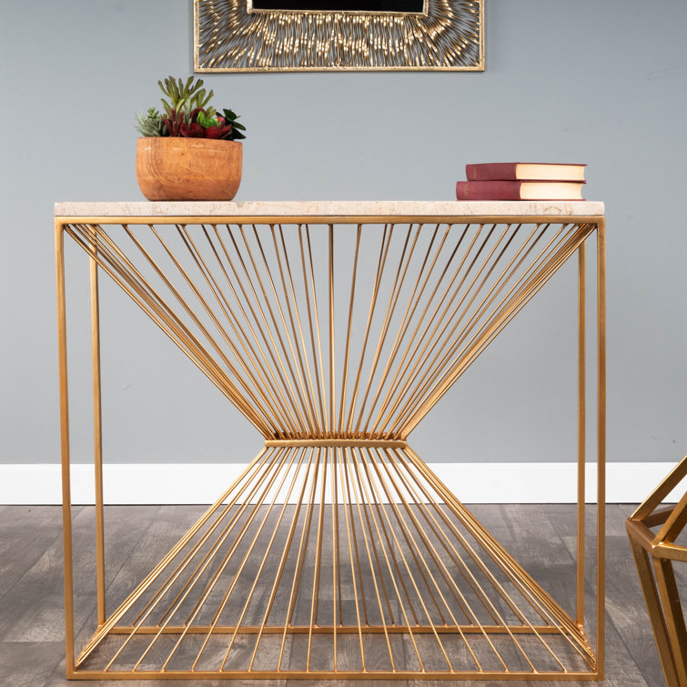 Cosmo Cream Fossil Stone and Gold Metal Console Table