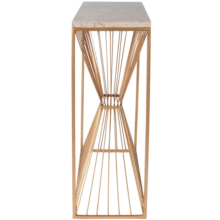 Cosmo Cream Fossil Stone and Gold Metal Console Table