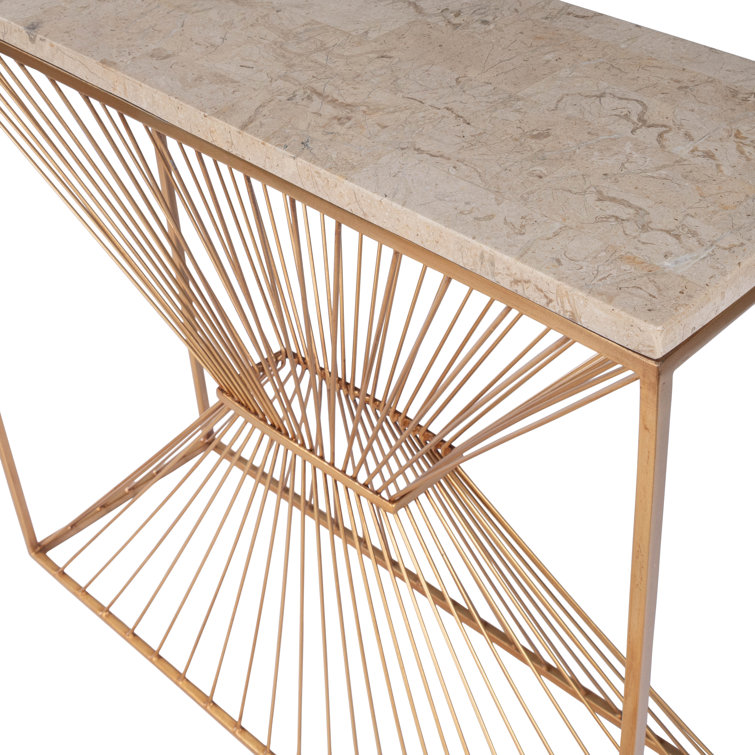 Cosmo Cream Fossil Stone and Gold Metal Console Table