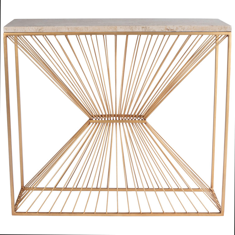 Cosmo Cream Fossil Stone and Gold Metal Console Table