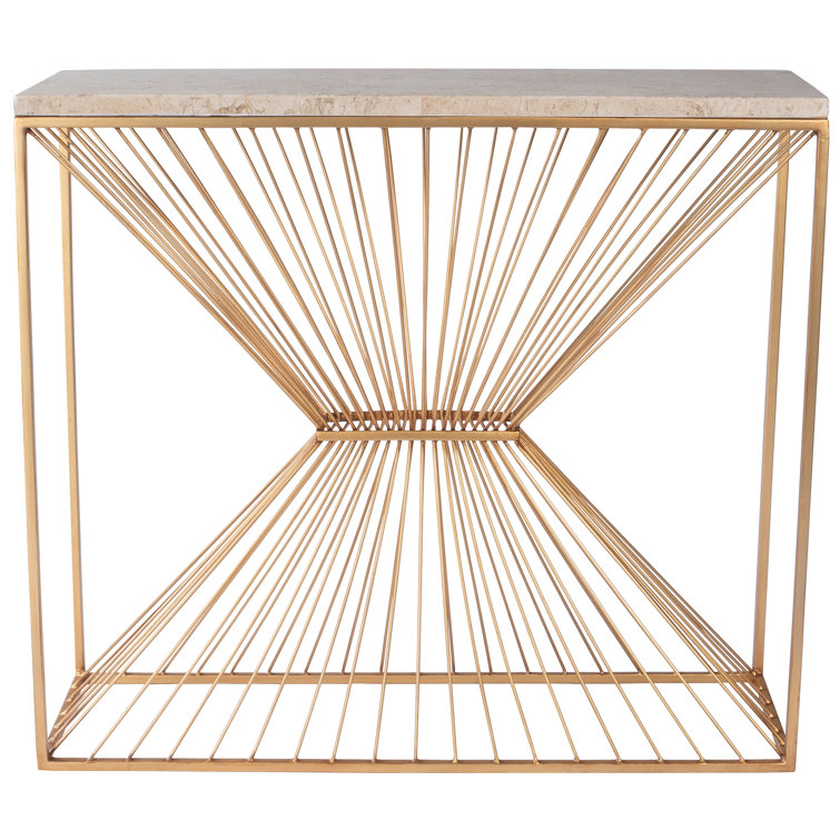 Cosmo Cream Fossil Stone and Gold Metal Console Table