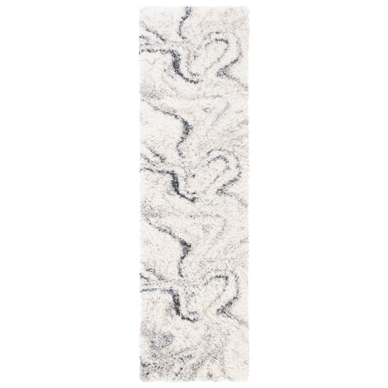 Ivory and Grey Hand-knotted Shag Runner Rug