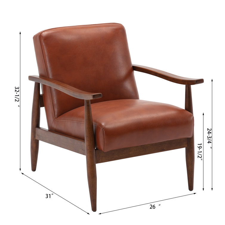 Mid-Century Modern Caramel Leather Gel Accent Chair with Wooden Arms