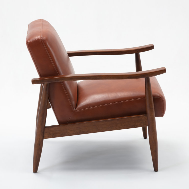 Mid-Century Modern Caramel Leather Gel Accent Chair with Wooden Arms