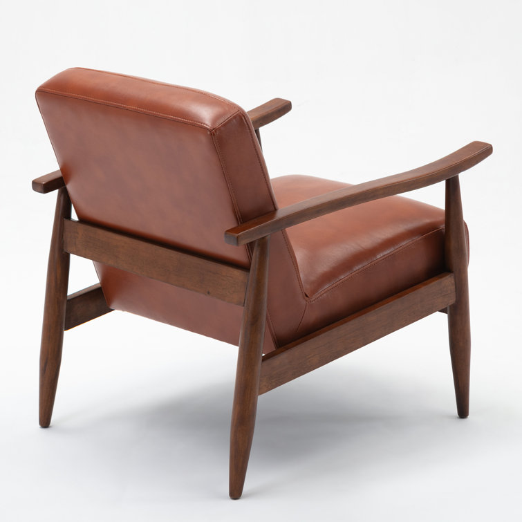 Mid-Century Modern Caramel Leather Gel Accent Chair with Wooden Arms
