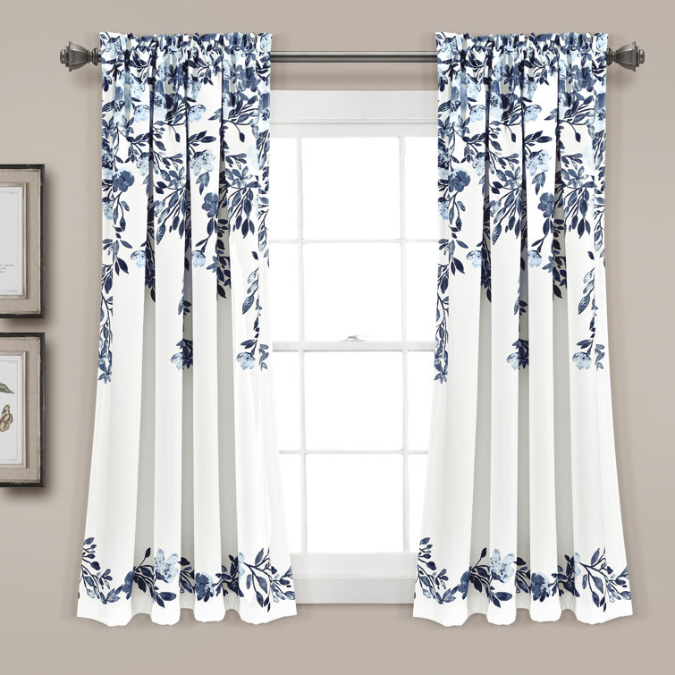 Navy and White Floral Print Blackout Curtain Panels