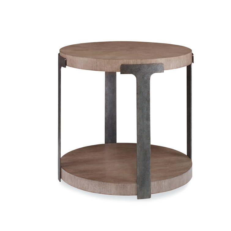 Gray Round Wood and Metal End Table with Storage