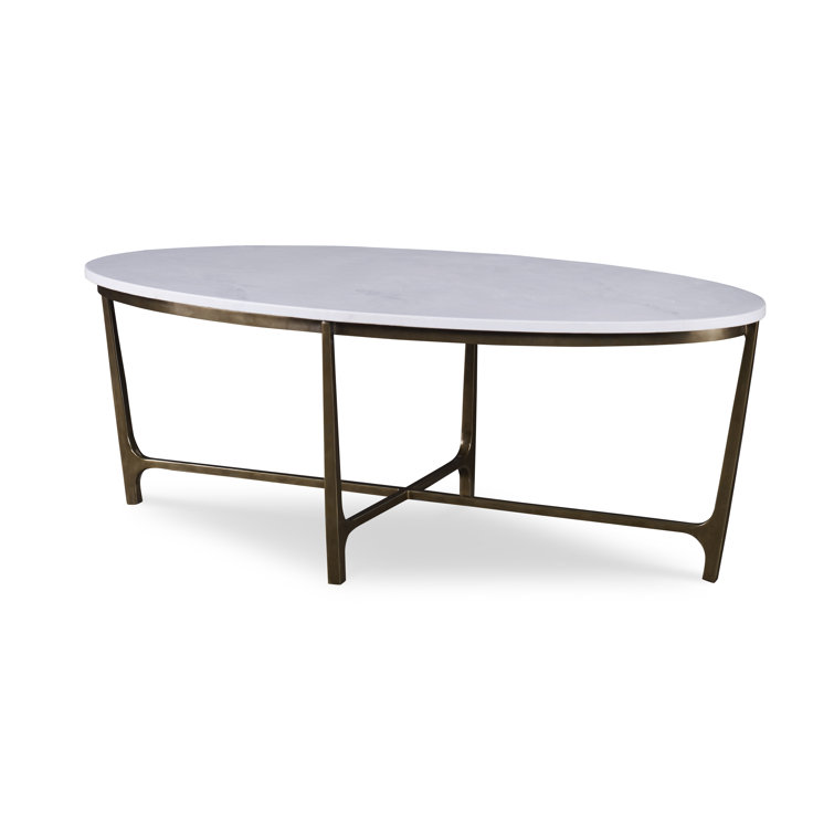 Oval Genuine Marble Top Cocktail Table with Wood & Metal Base