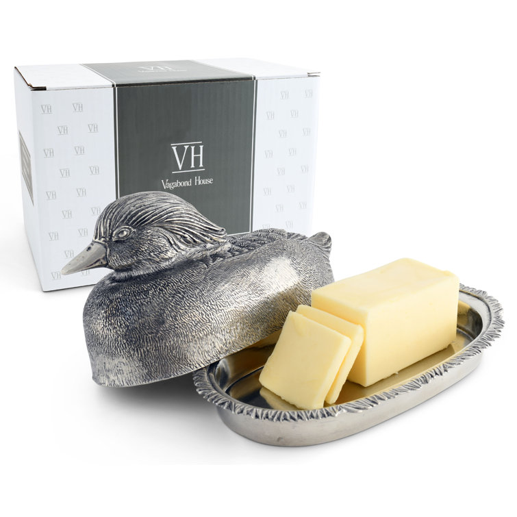 Pewter Mallard Duck Covered Butter Dish with Stoneware Plate