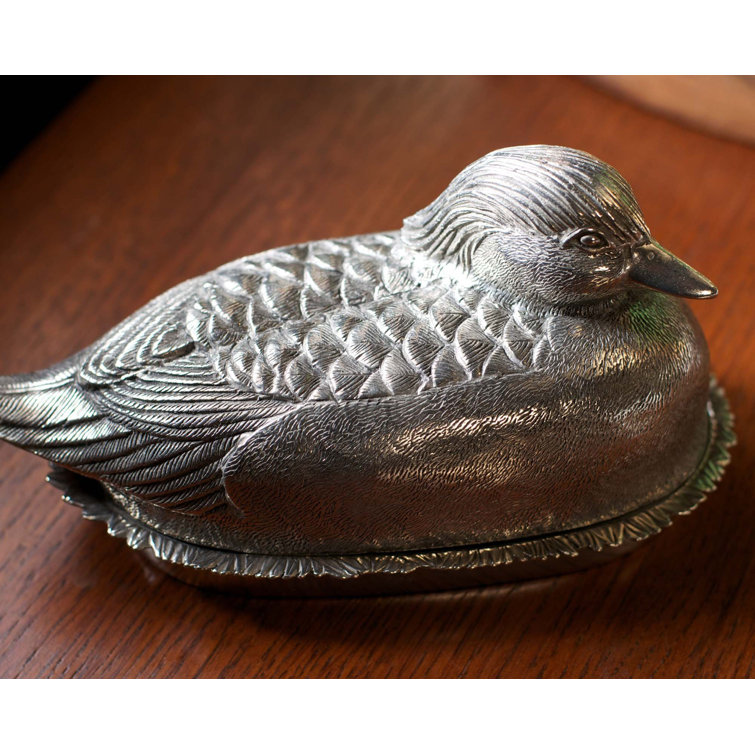 Pewter Mallard Duck Covered Butter Dish with Stoneware Plate