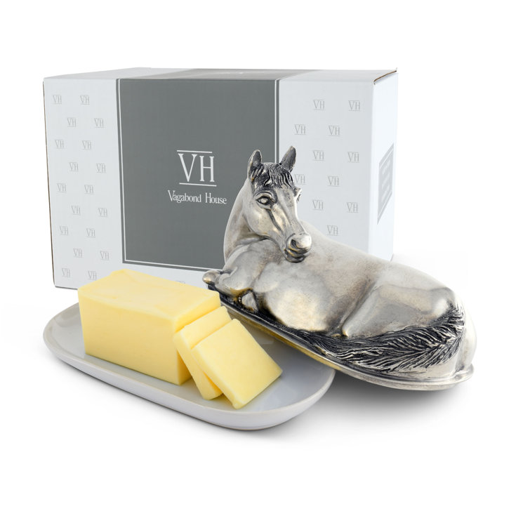 Equestrian Pewter Horse Butter Dish with Stoneware Plate