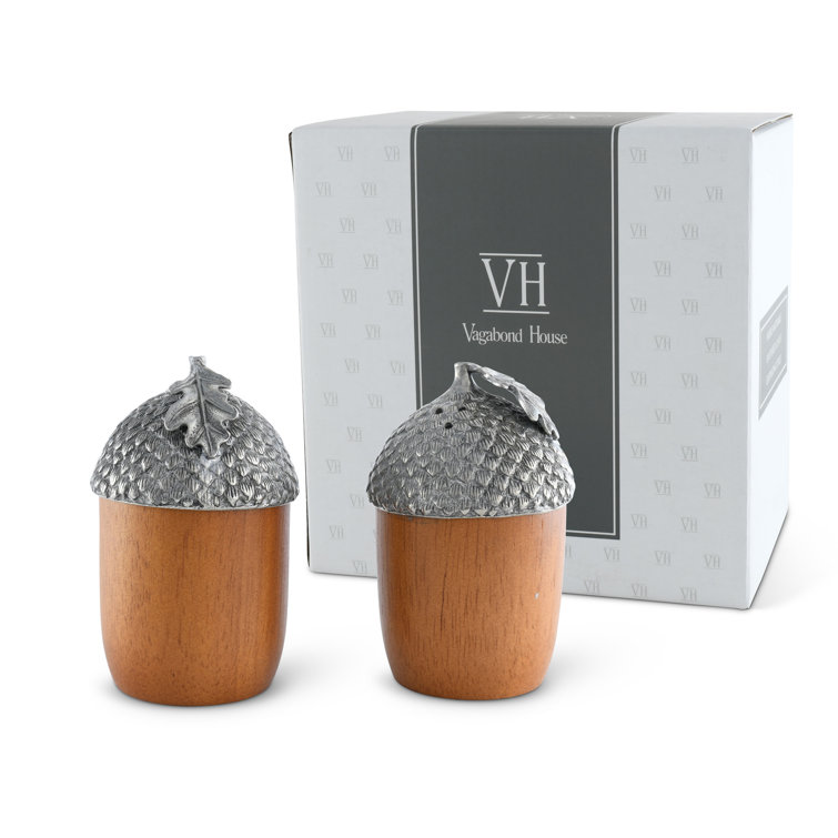 Acorn Design Wood and Pewter Salt and Pepper Shaker Set