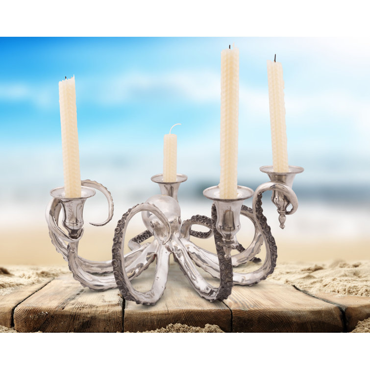 Silver Pewter Octopus Embossed Candelabra