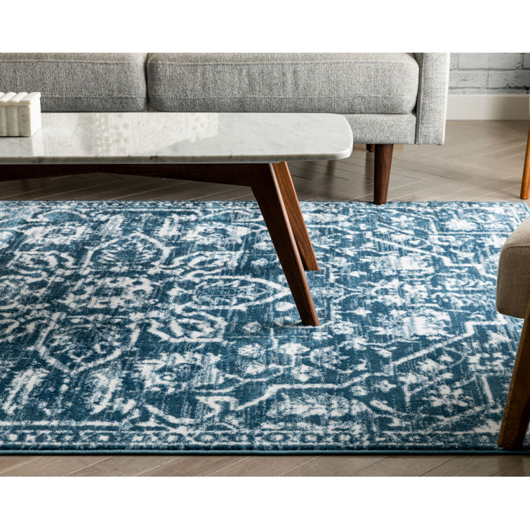 Light Blue Floral Synthetic Reversible 5' x 7' Rug