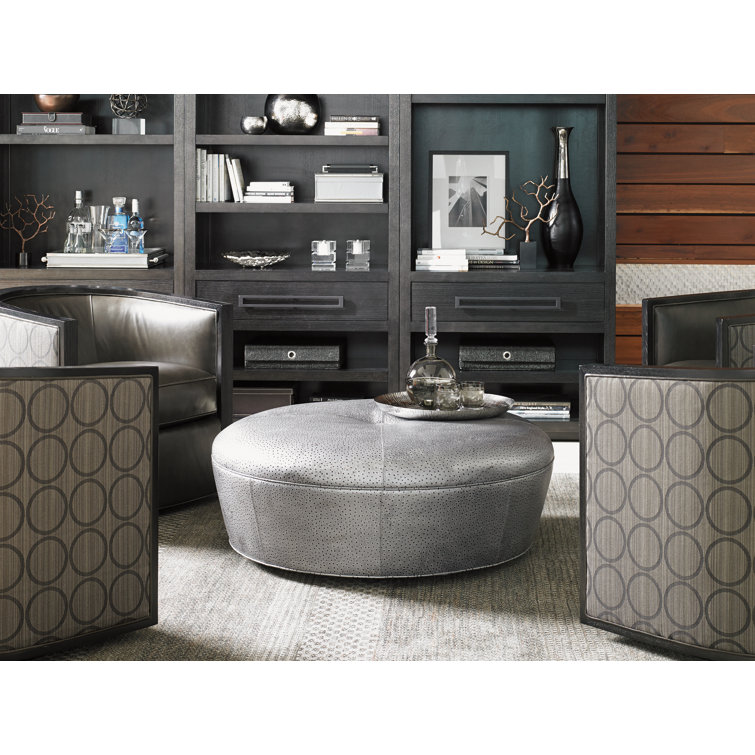 Claudia Round Tufted Gray Genuine Leather Ottoman