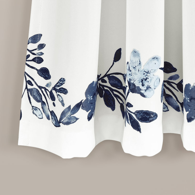 Navy and White Floral Print Blackout Curtain Panels