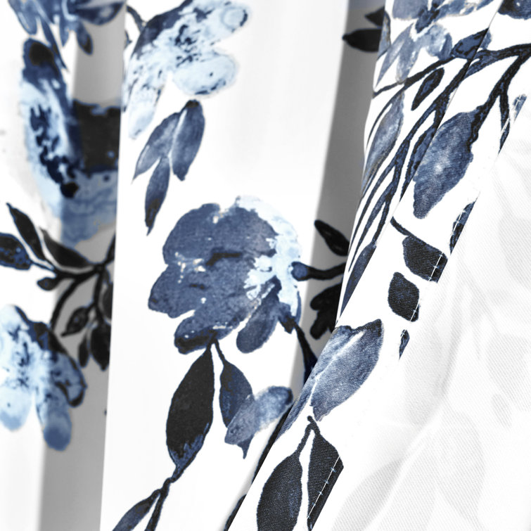 Navy and White Floral Print Blackout Curtain Panels