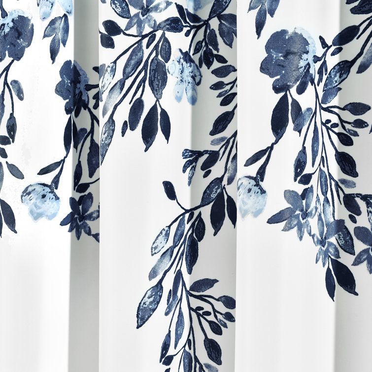Navy and White Floral Print Blackout Curtain Panels