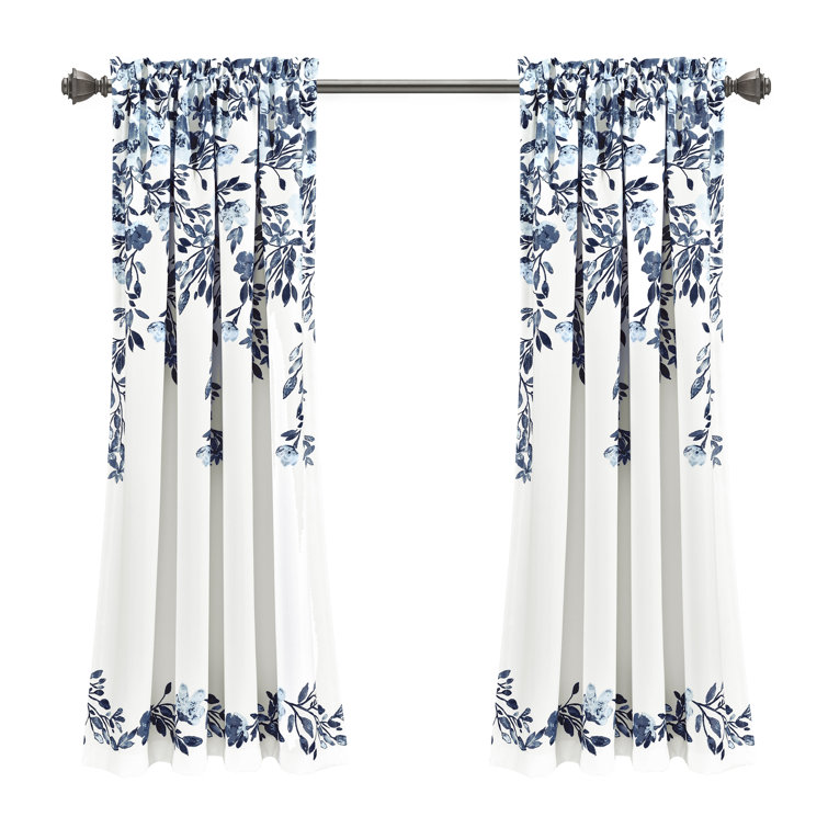 Navy and White Floral Print Blackout Curtain Panels
