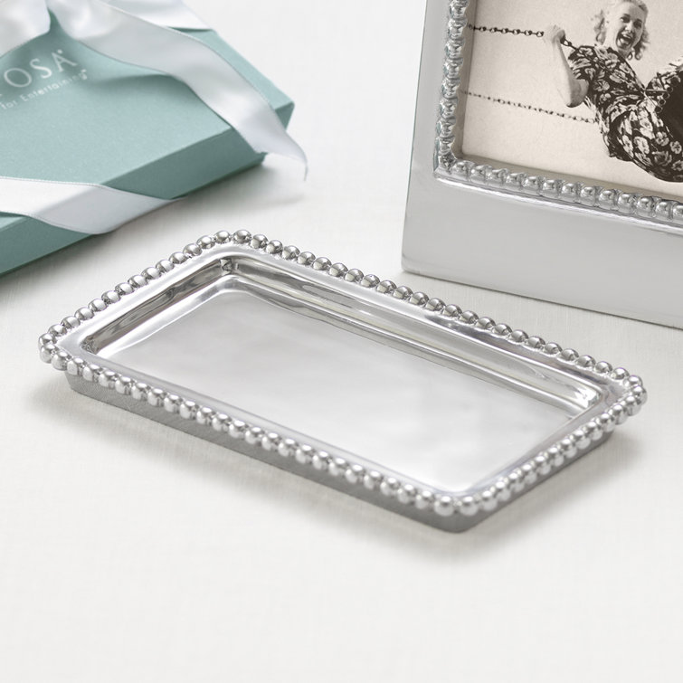 Handcrafted Rectangular Silver Aluminum Beaded Tray
