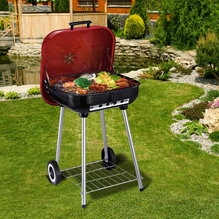 Outsunny Red and Black Portable Charcoal Grill with Shelf