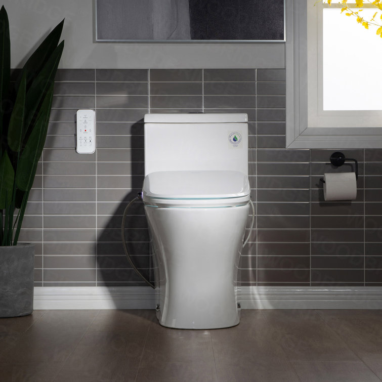 White Porcelain Elongated One-Piece Dual Flush Toilet with Smart Bidet