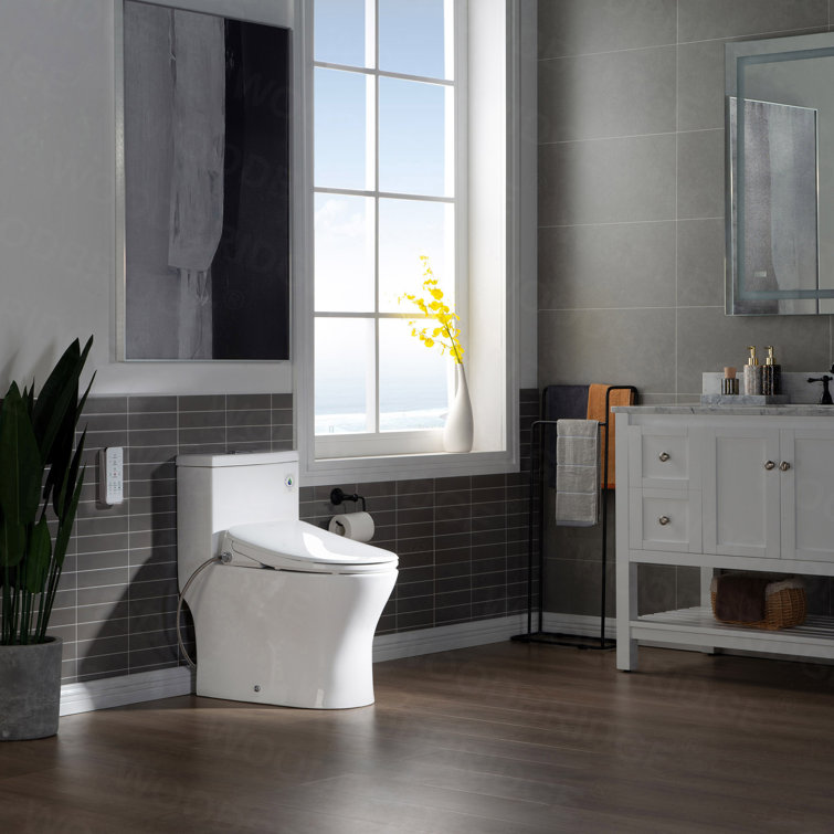 White Porcelain Elongated One-Piece Dual Flush Toilet with Smart Bidet