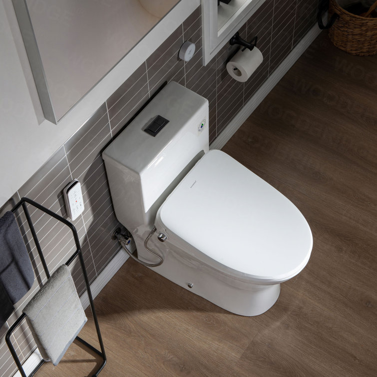 White Porcelain Elongated One-Piece Dual Flush Toilet with Smart Bidet