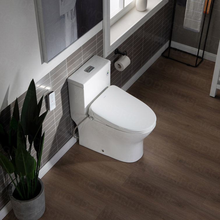 White Porcelain Elongated One-Piece Dual Flush Toilet with Smart Bidet