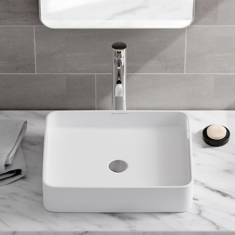 Glossy White Ceramic Rectangular Above-Counter Vessel Sink
