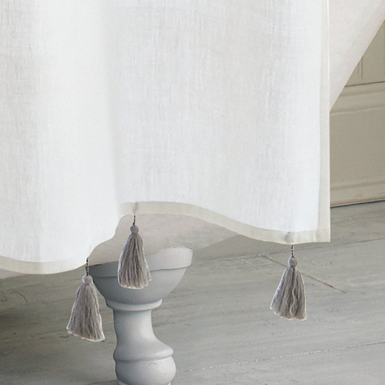 Gray and White Cotton Striped Shower Curtain with Tassels