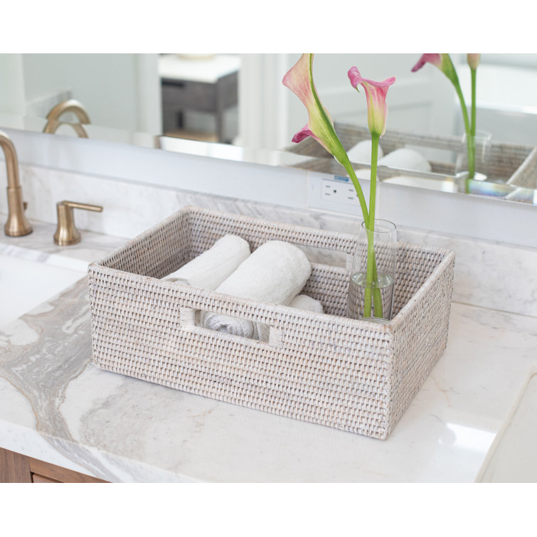 Handmade White Wash Wicker Rectangular Storage Basket with Handles