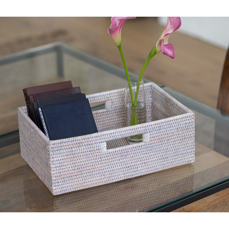 Handmade White Wash Wicker Rectangular Storage Basket with Handles
