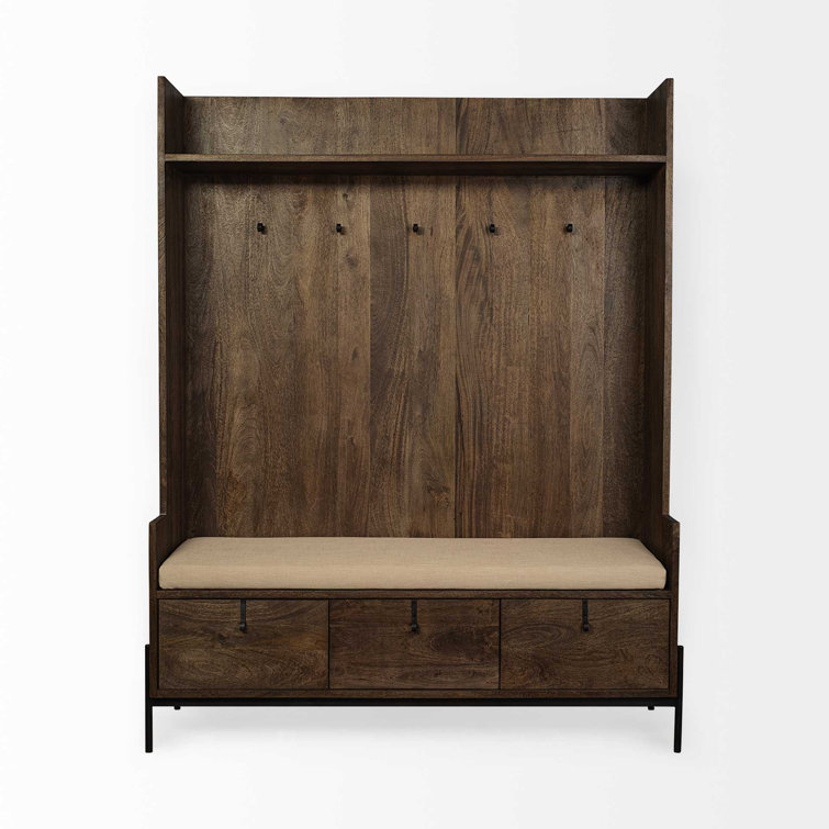 Glenn V Dark Brown Mango Wood Hall Tree with Storage and Cream Fabric Seat
