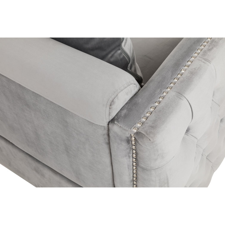 Gray Velvet Loveseat with Nailhead Trim and Removable Cushions