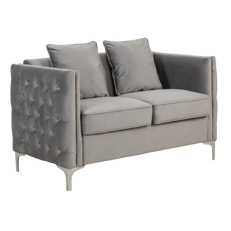 Gray Velvet Loveseat with Nailhead Trim and Removable Cushions