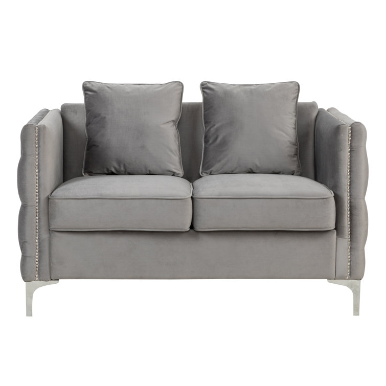 Gray Velvet Loveseat with Nailhead Trim and Removable Cushions