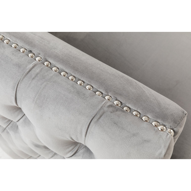 Gray Velvet Loveseat with Nailhead Trim and Removable Cushions