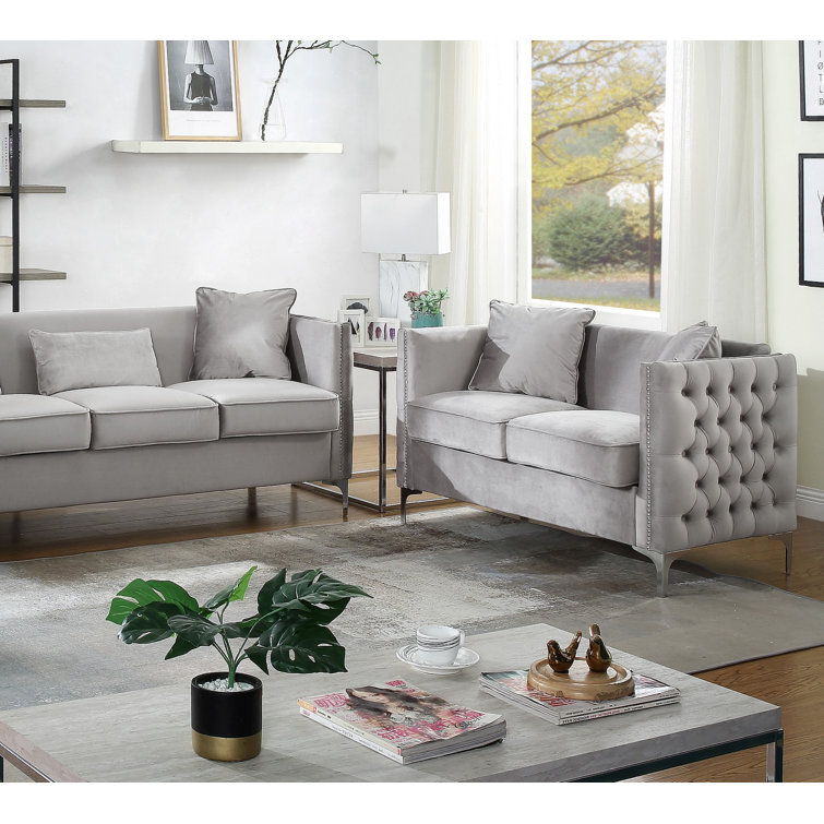 Gray Velvet Loveseat with Nailhead Trim and Removable Cushions