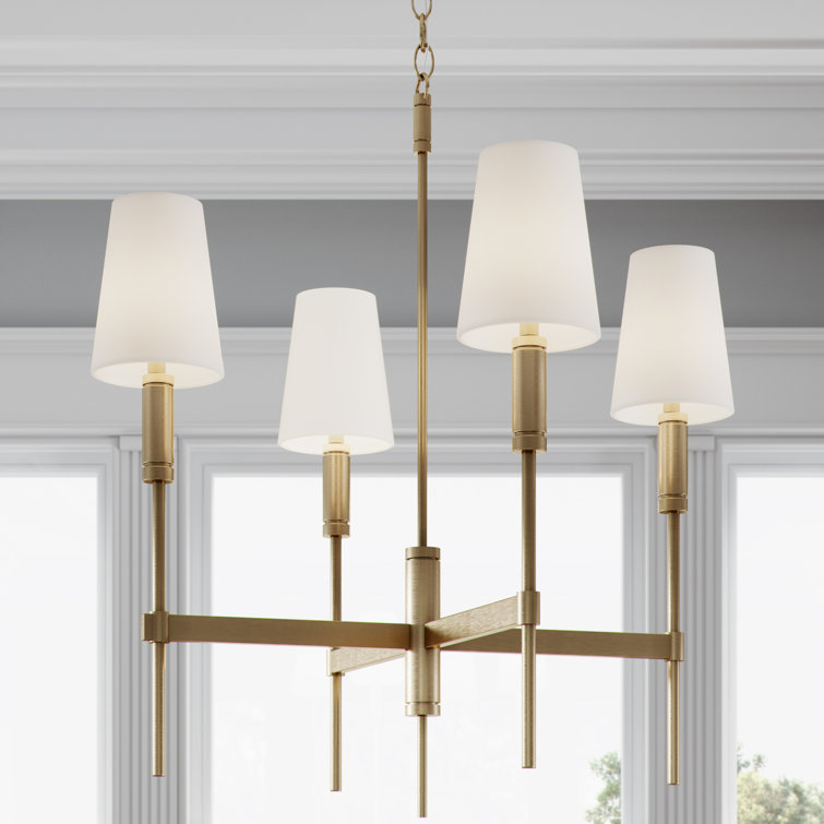 Burnished Brass 4-Light Chandelier with White Linen Shades