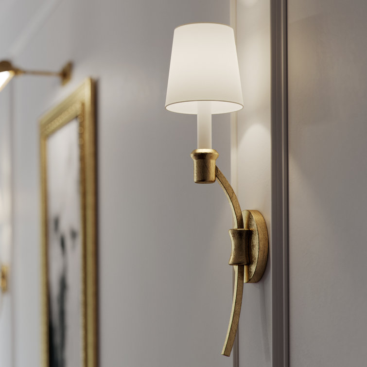 Antique Gild Steel Wall Sconce with White Linen Shade