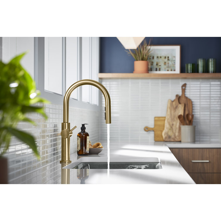 Sophisticated Moderne Brass Regular Kitchen Faucet with Pull-out Spray