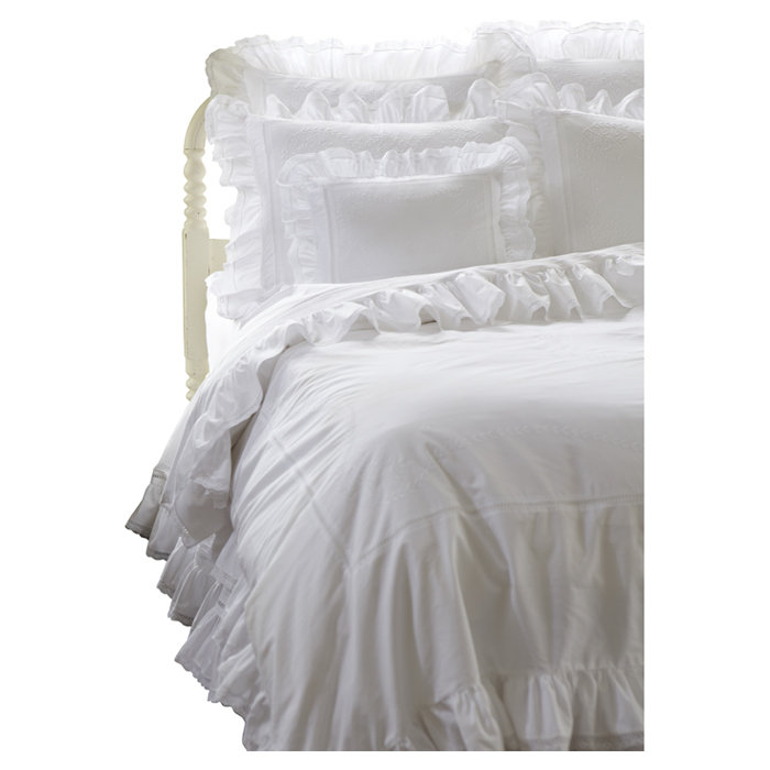 White Cotton Pintuck Queen Duvet Cover with Ruffles