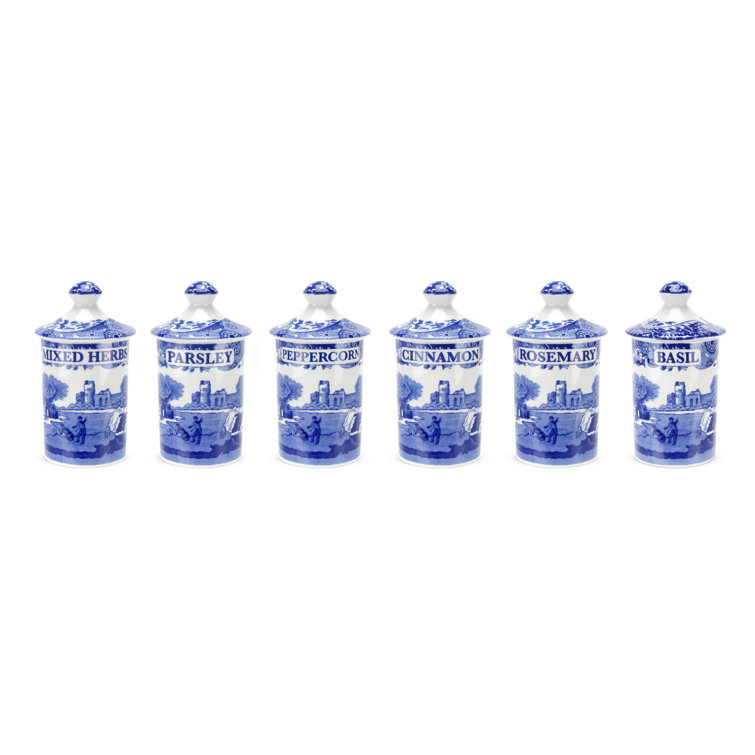 Spode Blue Italian Fine Porcelain Spice Jars, Set of 6