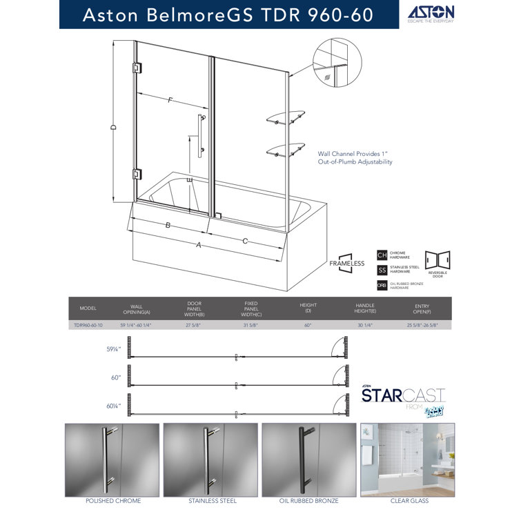 Belmore 60'' x 60'' Frameless Clear Tempered Glass Tub Door